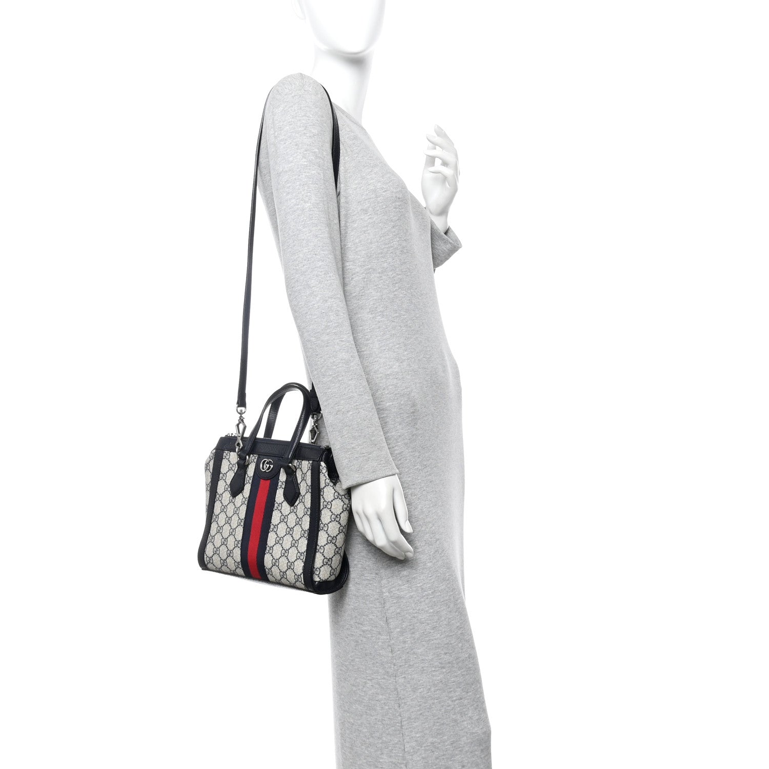 Gucci GG Supreme Monogram Textured Dollar Calfskin Web Small Ophidia Tote Bag Beige Blue 2 of 10
