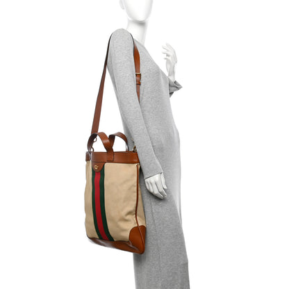 Gucci Vintage Canvas Calfskin Web Flat Tote Sand Light Cuir 2 of 10