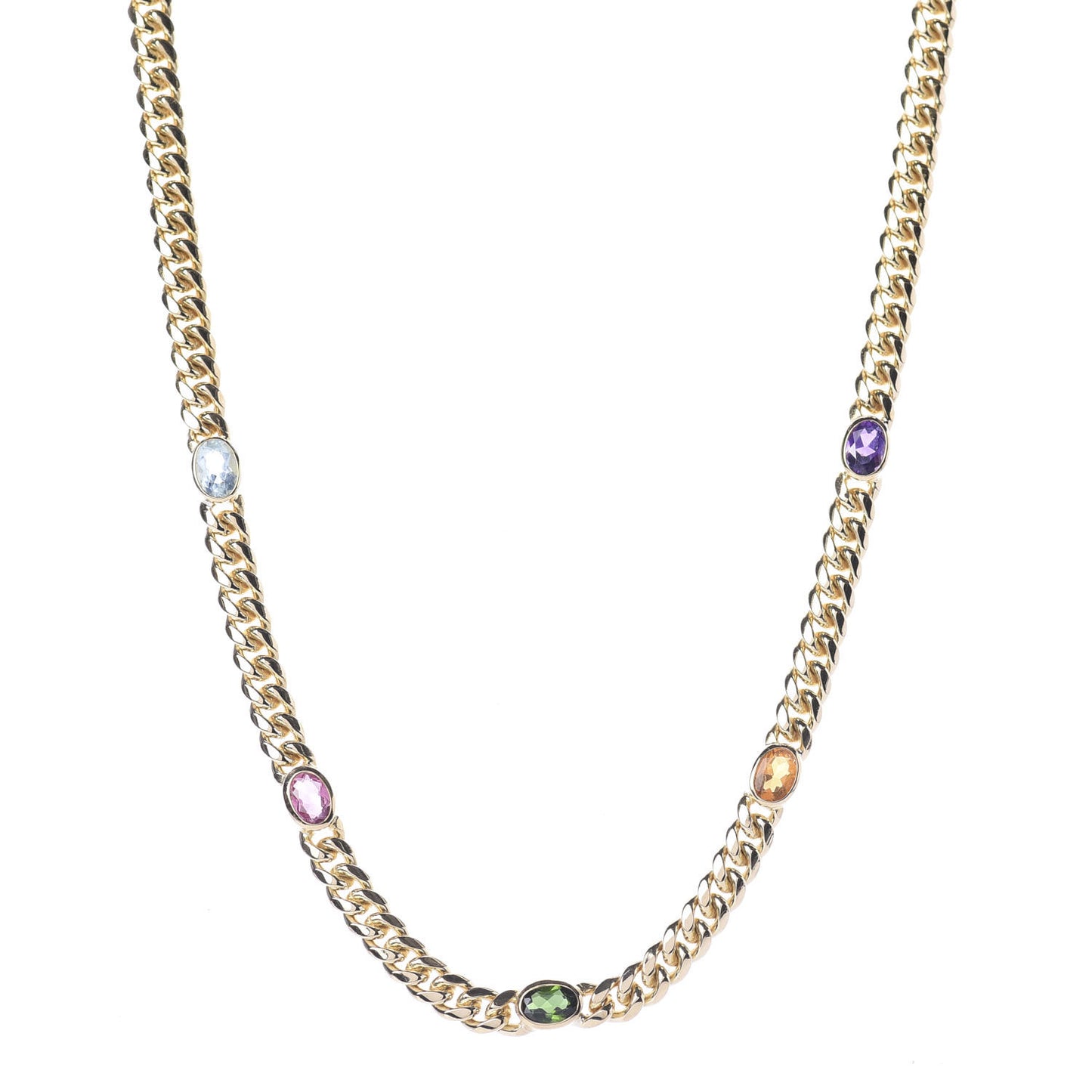 18K Yellow Gold Amethyst Citrine Tourmaline Aquamarine Link Chain Necklace