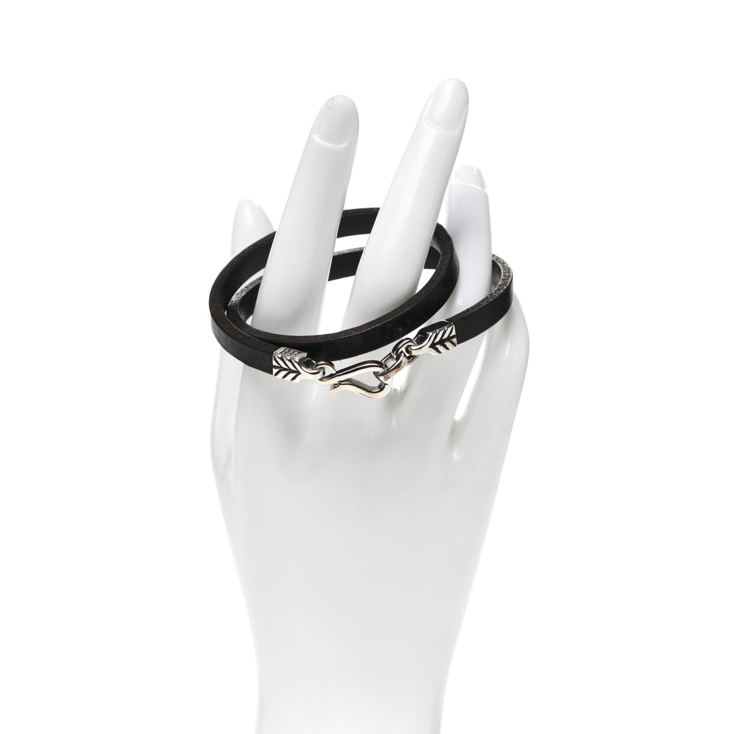 Sterling Silver Leather Chevron Double Wrap Bracelet Black