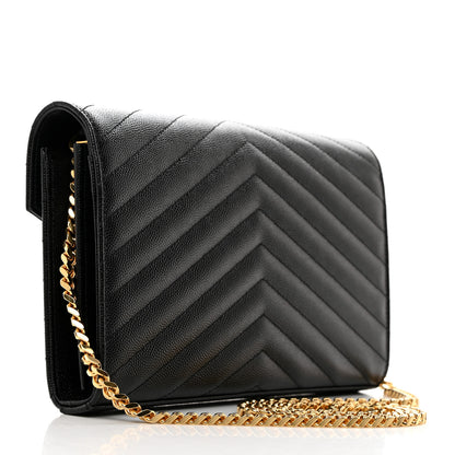 Saint Laurent Grain De Poudre Matelasse Chevron Monogram Chain Wallet Black 2 of 10