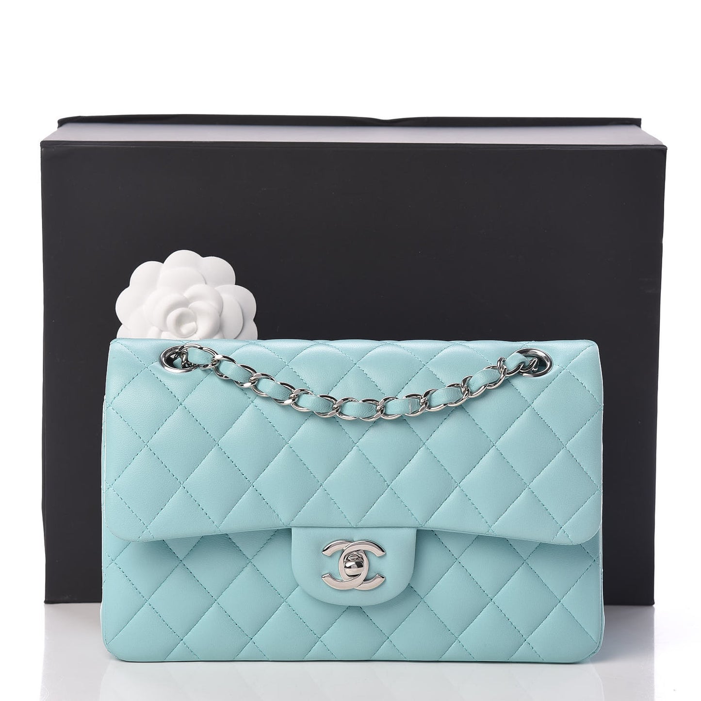 Lambskin Quilted Small Double Flap Light Blue