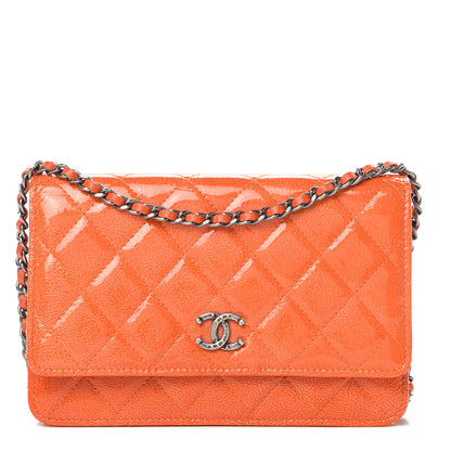 Chanel Distressed Patent Calfskin Quilted Wallet On Chain WOC Orange 1 of 15