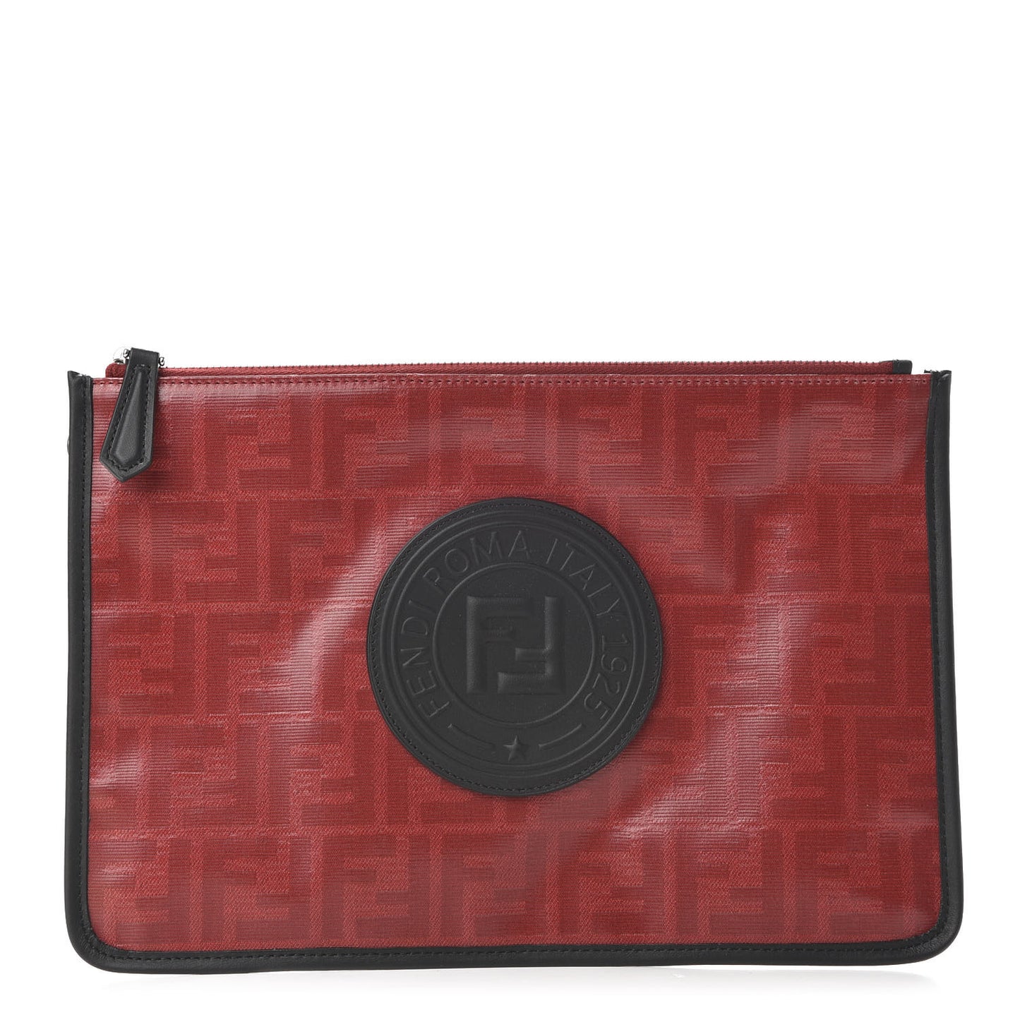 Glazed Fabric Vitello Century FF 1974 Stamp Patch Flat Pouch Rosso Black