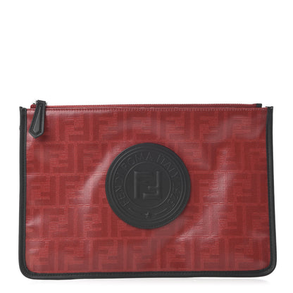Fendi Glazed Fabric Vitello Century FF 1974 Stamp Patch Flat Pouch Rosso Black 1 of 7