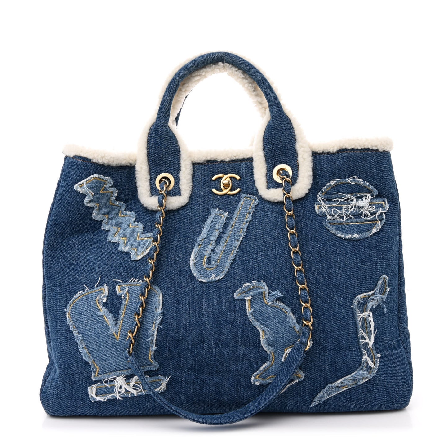 Denim Shearling Hieroglyph Coco Tote Blue
