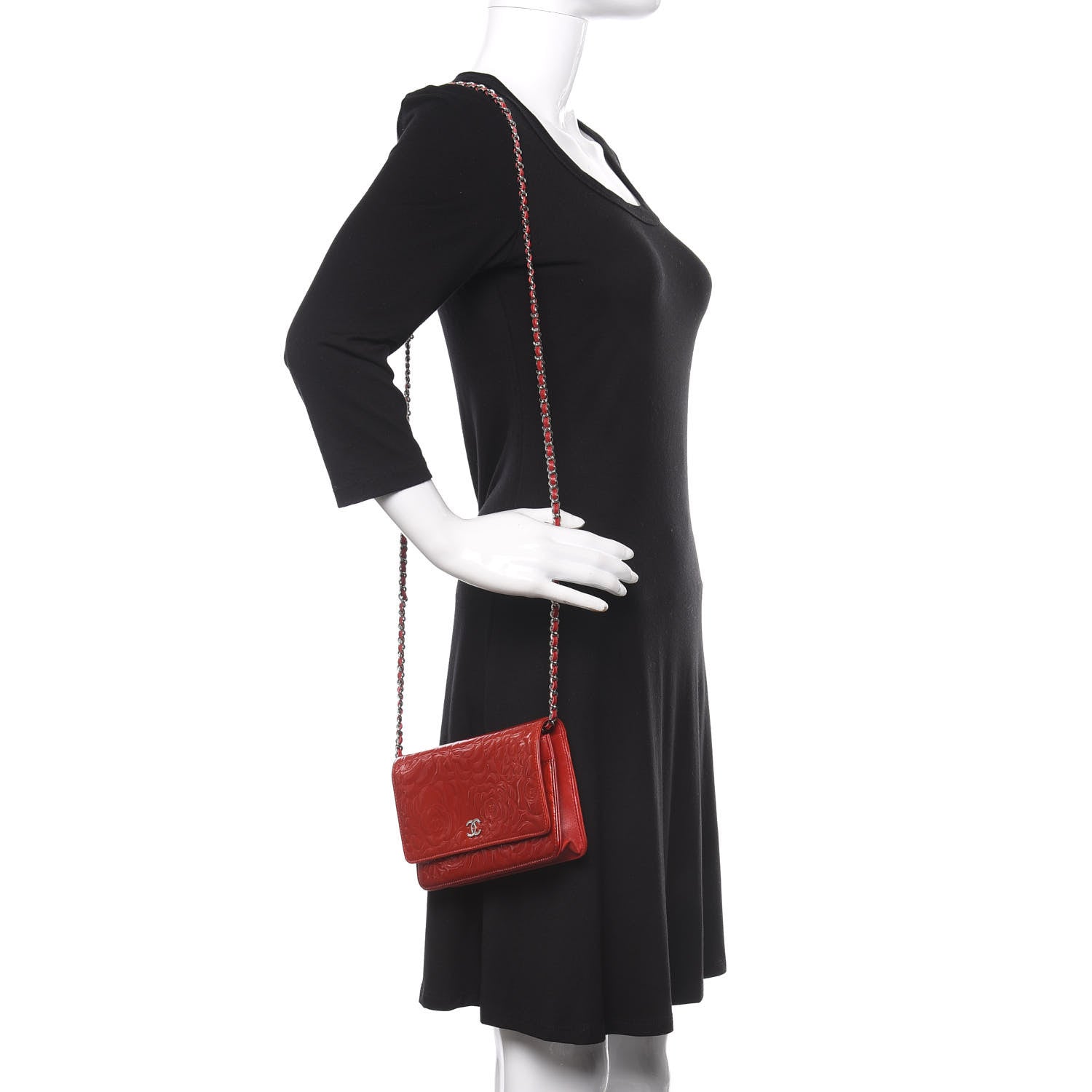 Chanel Patent Camellia Embossed Wallet On Chain WOC Dark Red 2 of 12