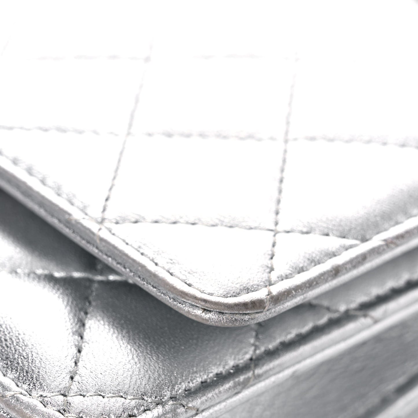 Metallic Lambskin Quilted Wallet On Chain WOC Silver