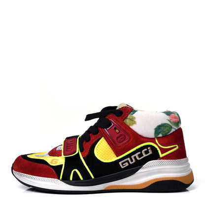 Gucci Suede Calfskin Womens Ultrapace Mid Top Sneakers 37.5 Hibiscus Red Black Neon Yellow Yolk 1 of 7