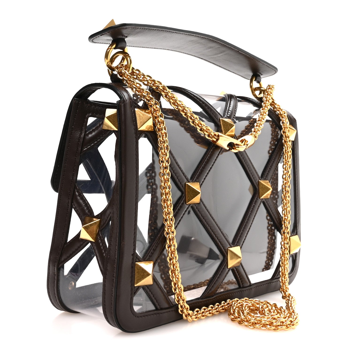 Valentino Garavani PVC Calfskin Large Roman Stud Shoulder Bag Transparent Dark Brown 3 of 9