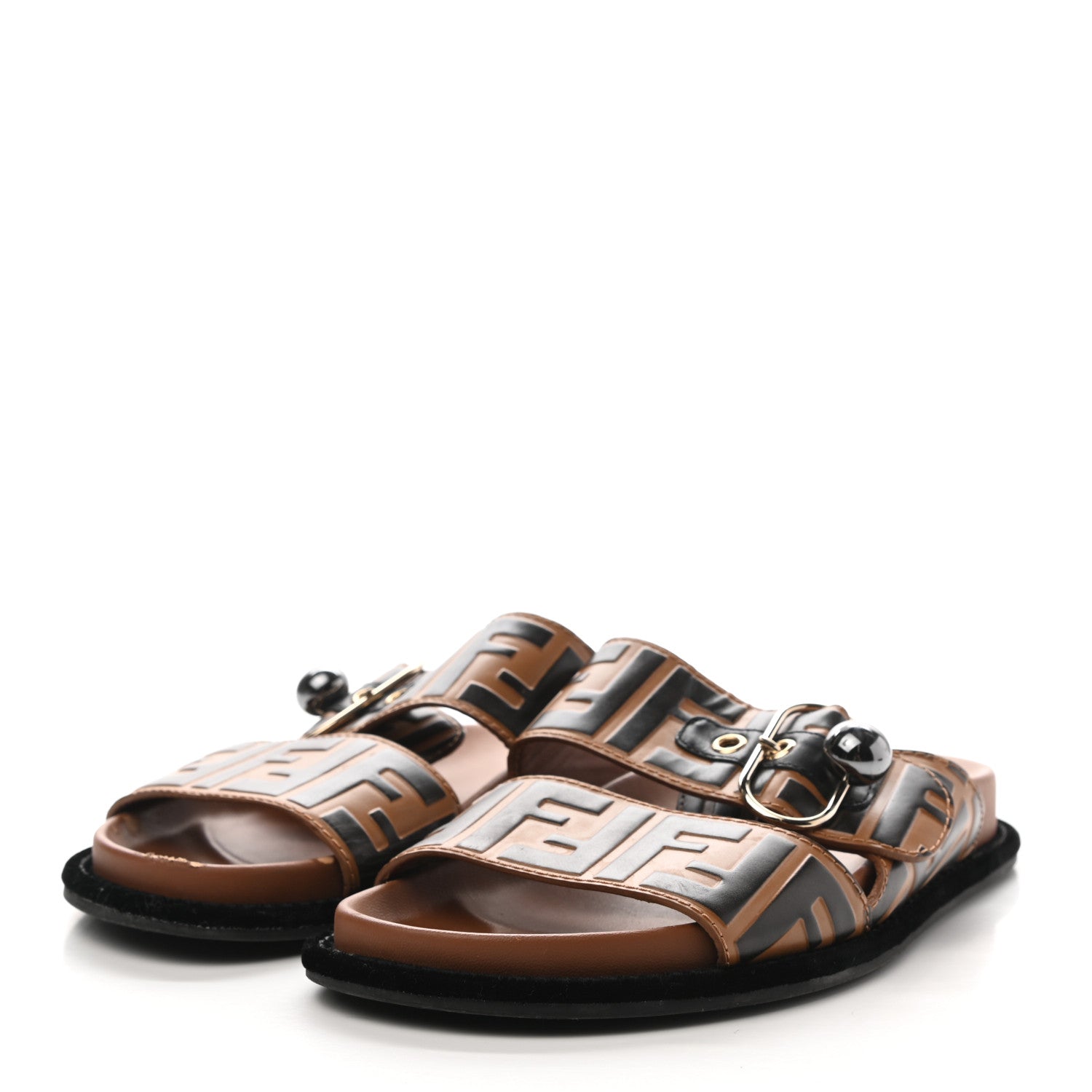 Fendi Calfskin FF Embossed Pearland Slide Sandals 36.5 Tobacco Moro 3 of 12