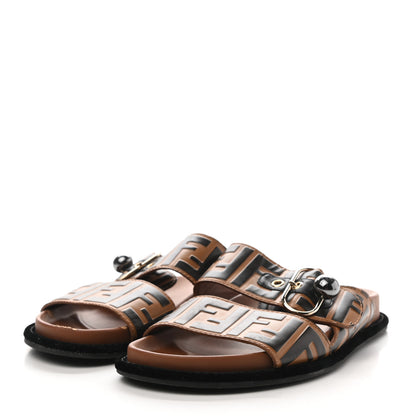 Fendi Calfskin FF Embossed Pearland Slide Sandals 36.5 Tobacco Moro 3 of 12