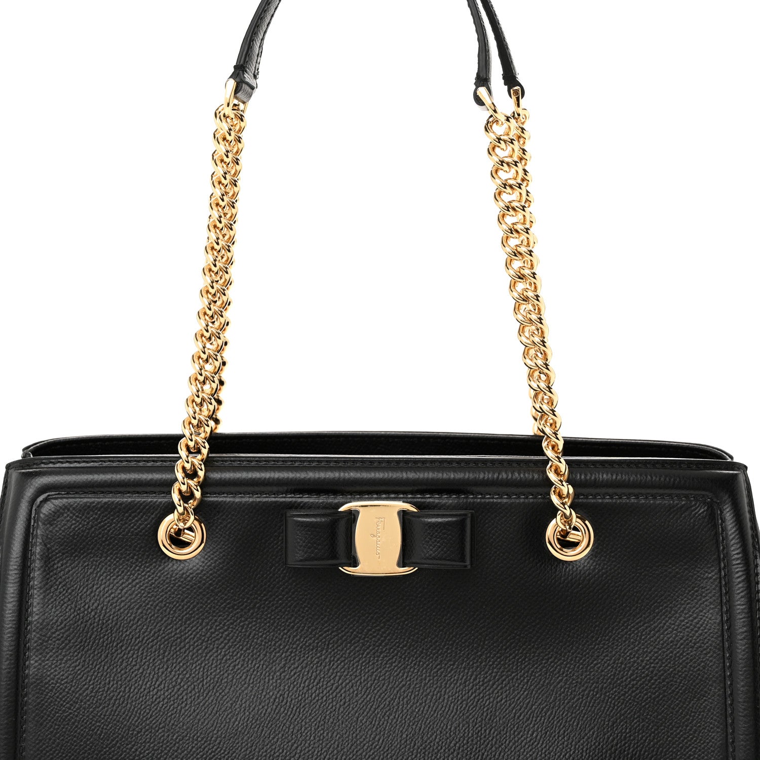 Salvatore Ferragamo Hammered Calfskin Vara Bow Chain Tote Black 7 of 9