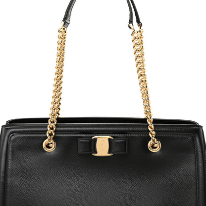 Salvatore Ferragamo Hammered Calfskin Vara Bow Chain Tote Black 7 of 9