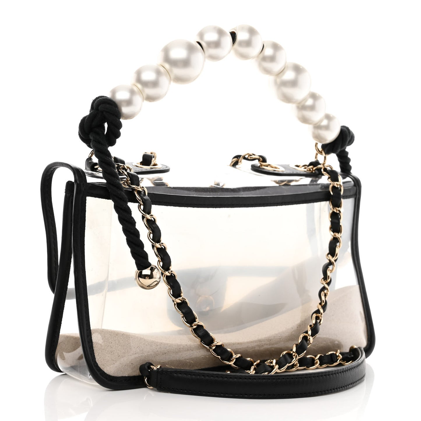 Lambskin PVC Sand By The Sea Flap With Pearl Strap Black