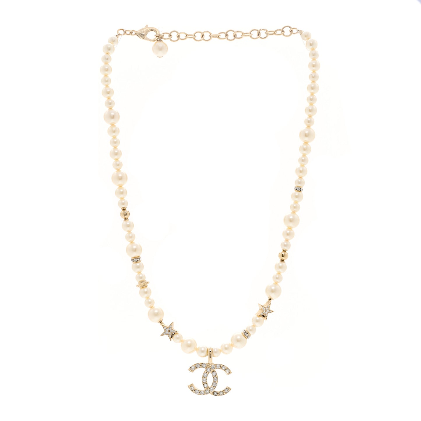 Pearl Crystal CC Star Choker Necklace Gold