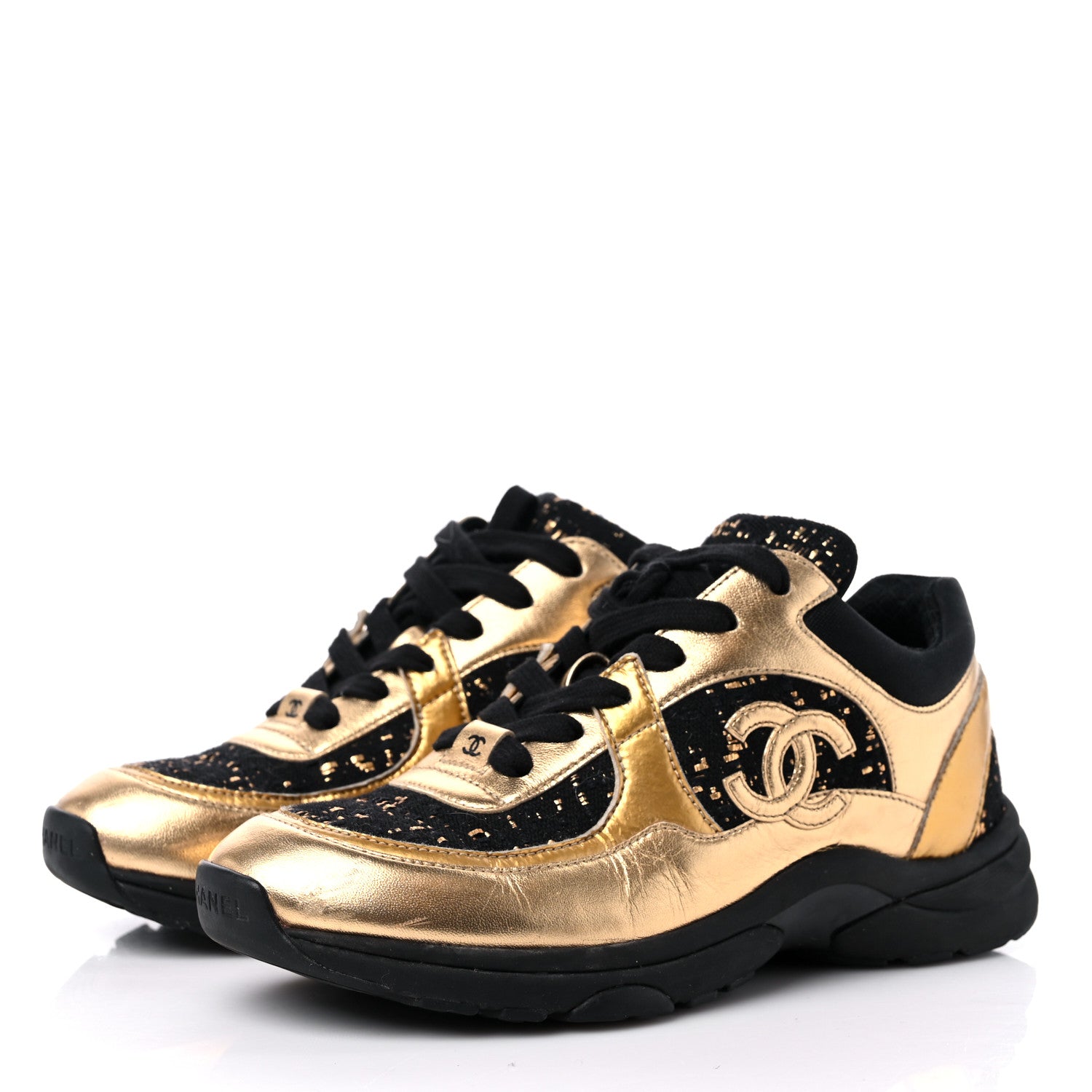Chanel Satin Lambskin Fabric Tweed CC Sneakers 35.5 Gold Black 3 of 11