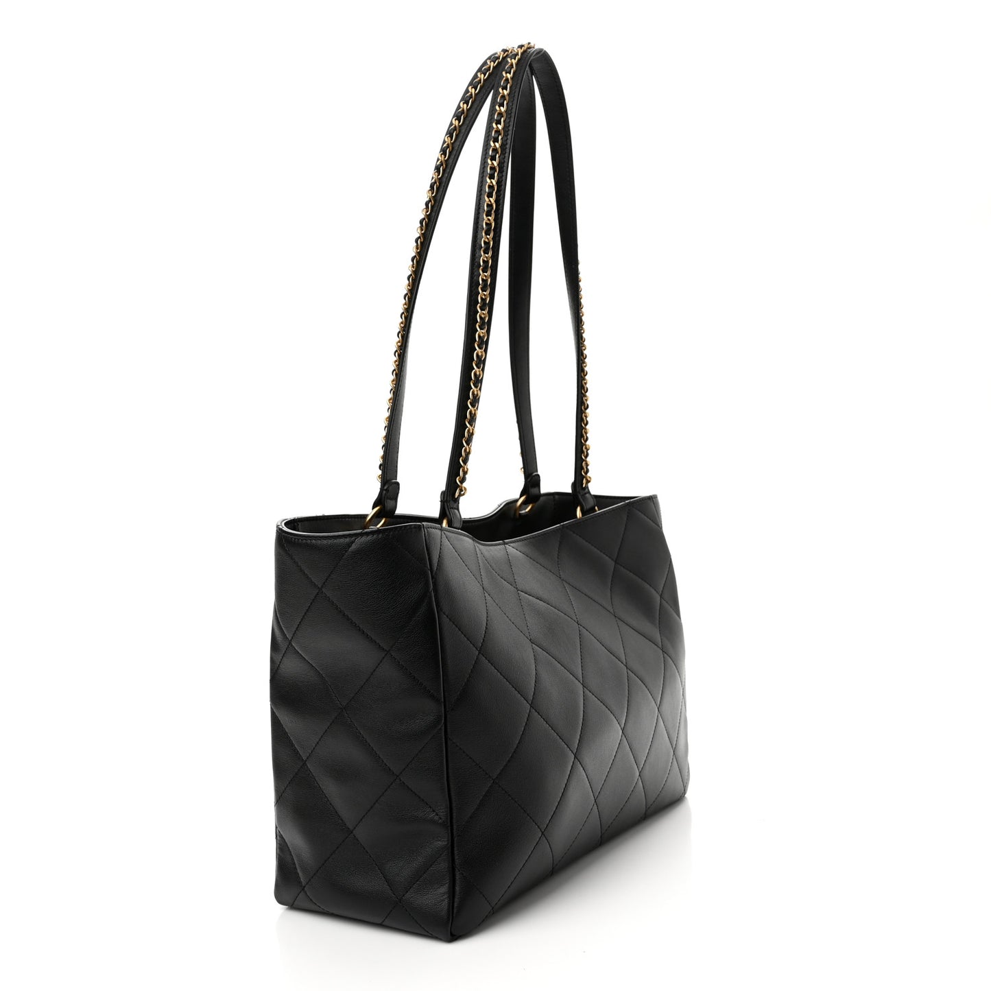 Calfskin Quilted Chain Shopping Tote Black