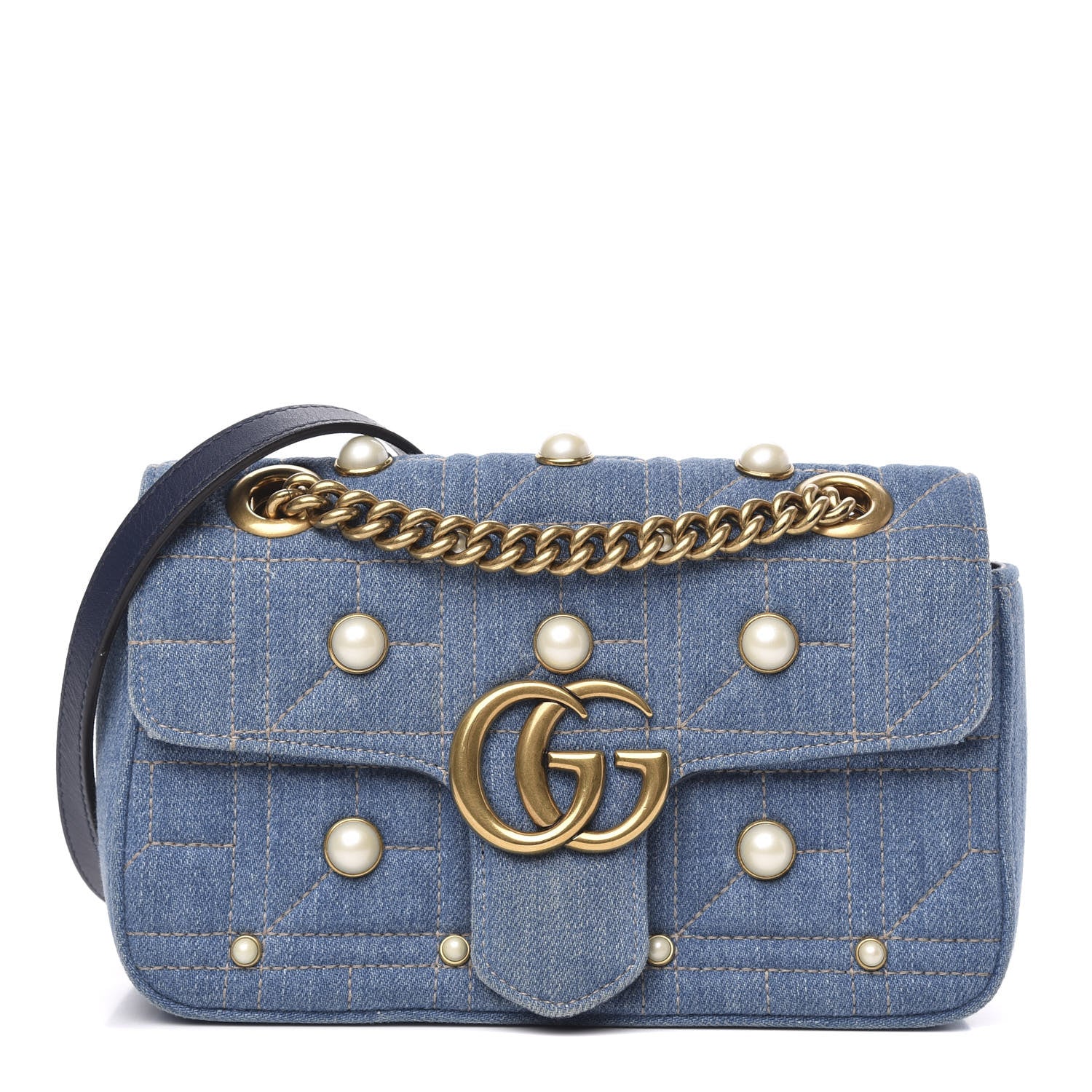 Gucci Denim Matelasse Pearl Studded Mini GG Marmont Shoulder Bag Blue 1 of 11