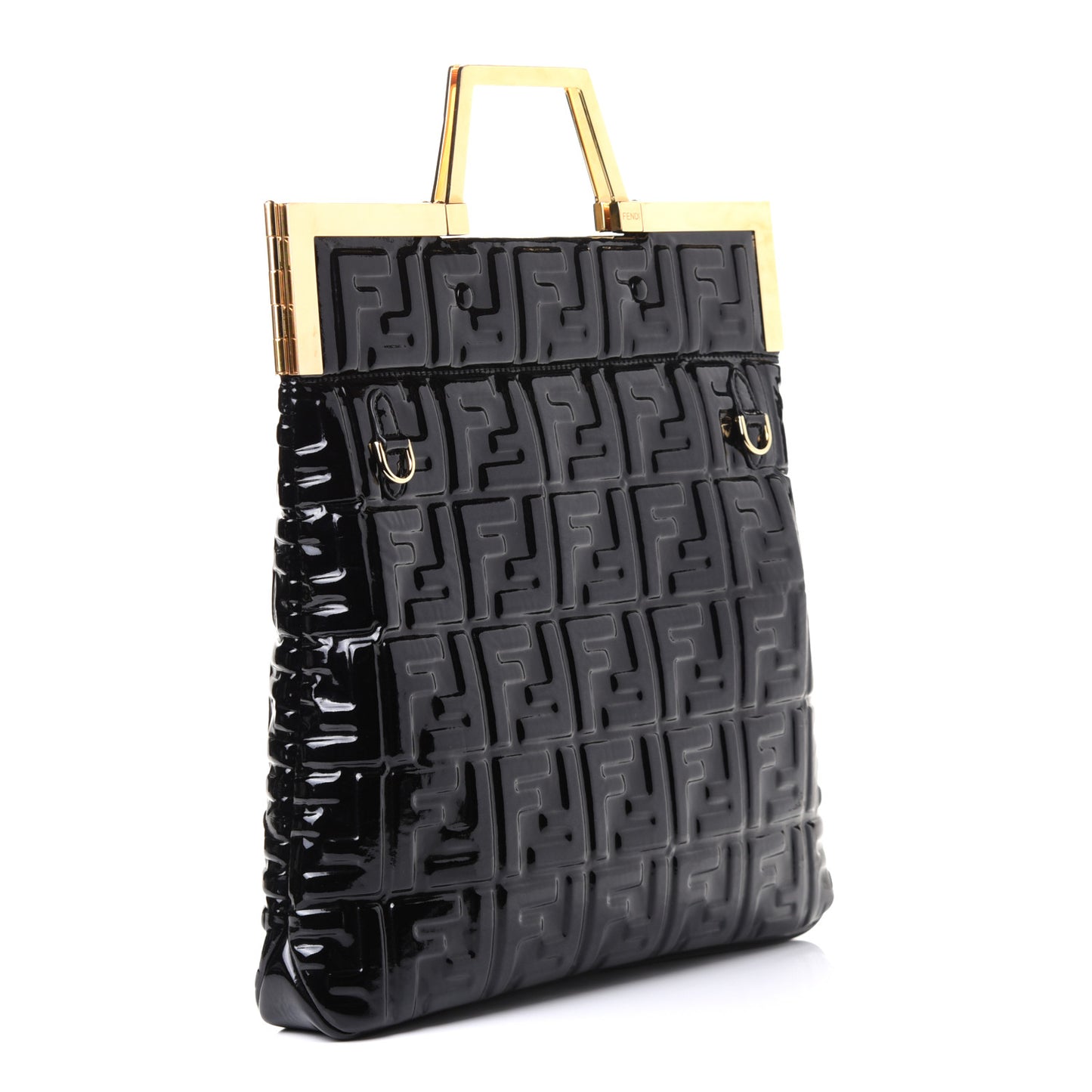 Patent FF 1974 Embossed Medium Shopping Flap Bag Black