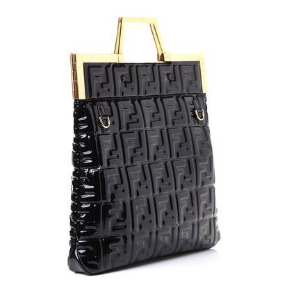 Fendi Patent FF 1974 Embossed Medium Shopping Flap Bag Black 3 of 8