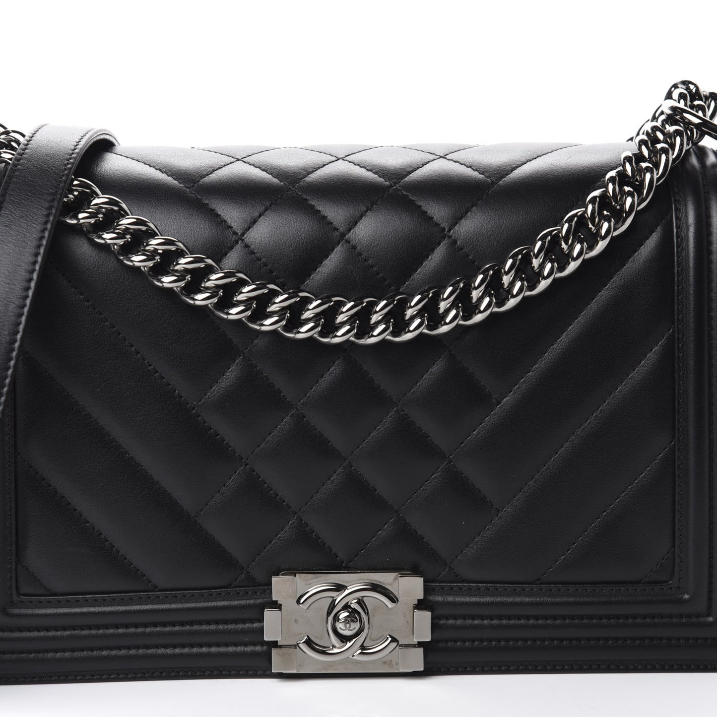 Calfskin Chevron Quilted Medium Boy Flap Black