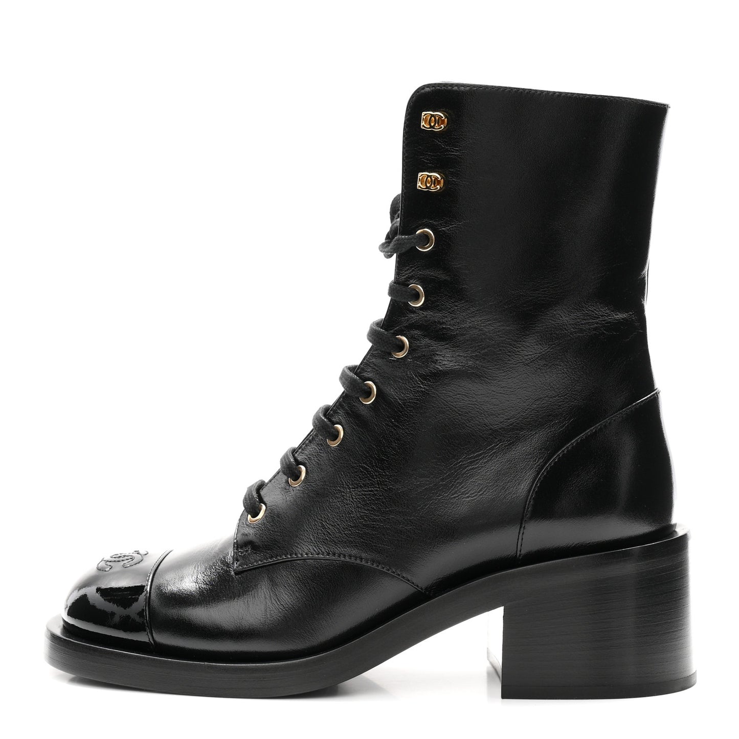 Shiny Calfskin Patent Cap Toe Lace Up Combat Boots 40 Black
