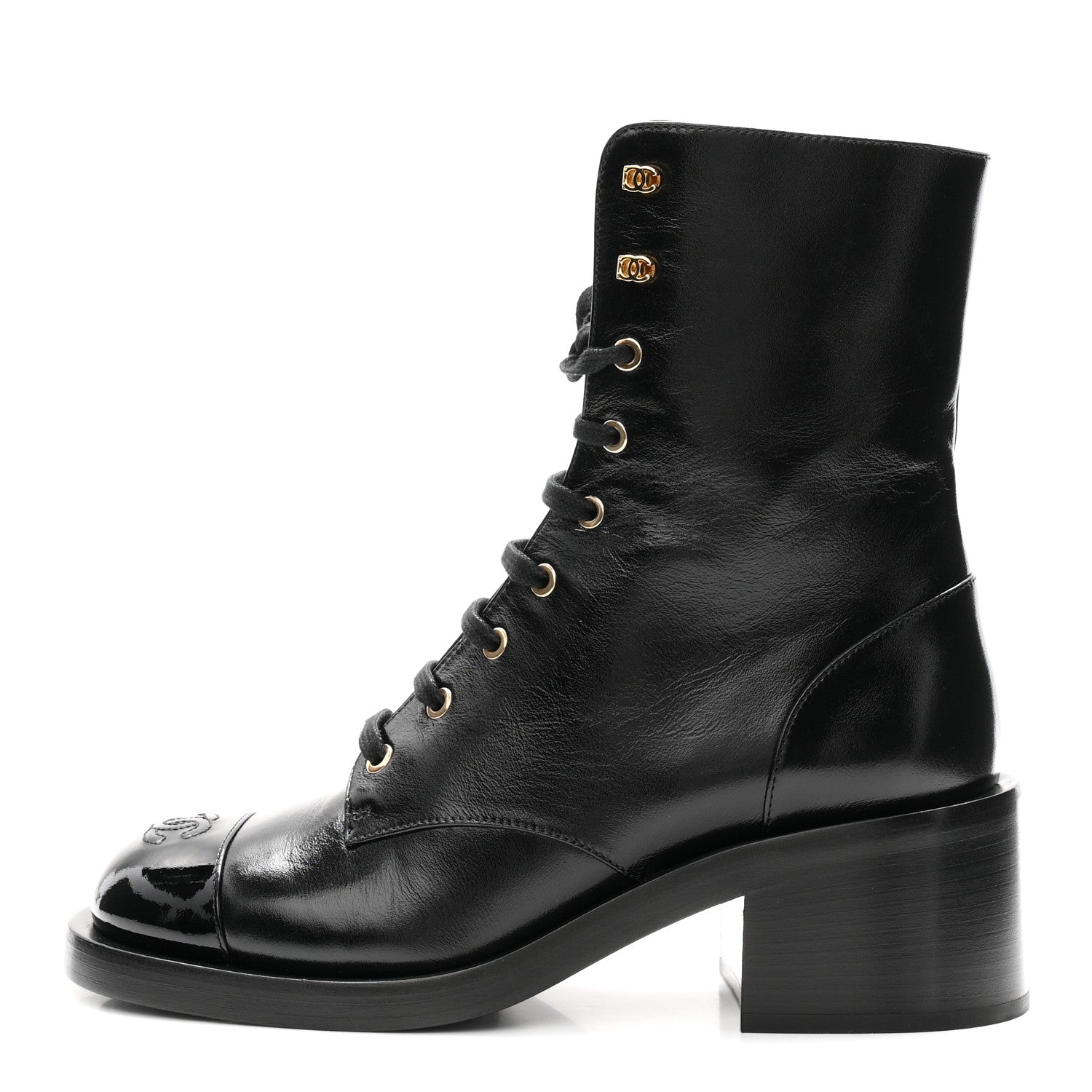 Chanel Shiny Calfskin Patent Cap Toe Lace Up Combat Boots 40 Black 1 of 10