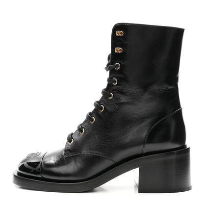 Chanel Shiny Calfskin Patent Cap Toe Lace Up Combat Boots 40 Black 1 of 10