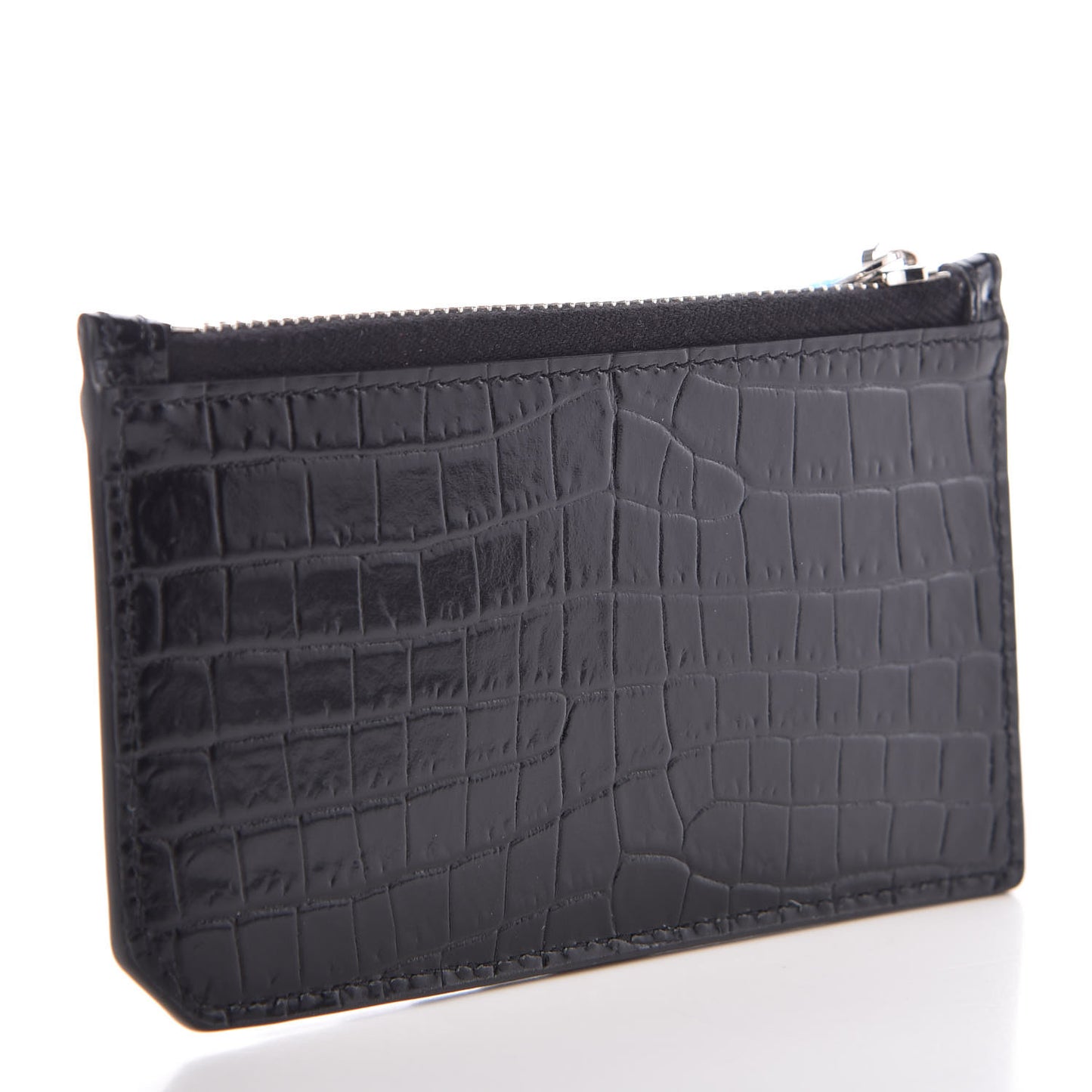 Calfskin Crocodile Embossed 5 Fragments Zip Pouch Card Holder Black