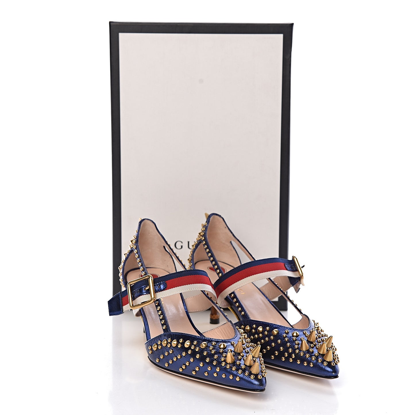 Metallic Nappa Silk Grosgrain Studded Sylvie Web Bamboo Low Heel Pumps 37.5 Sapphire