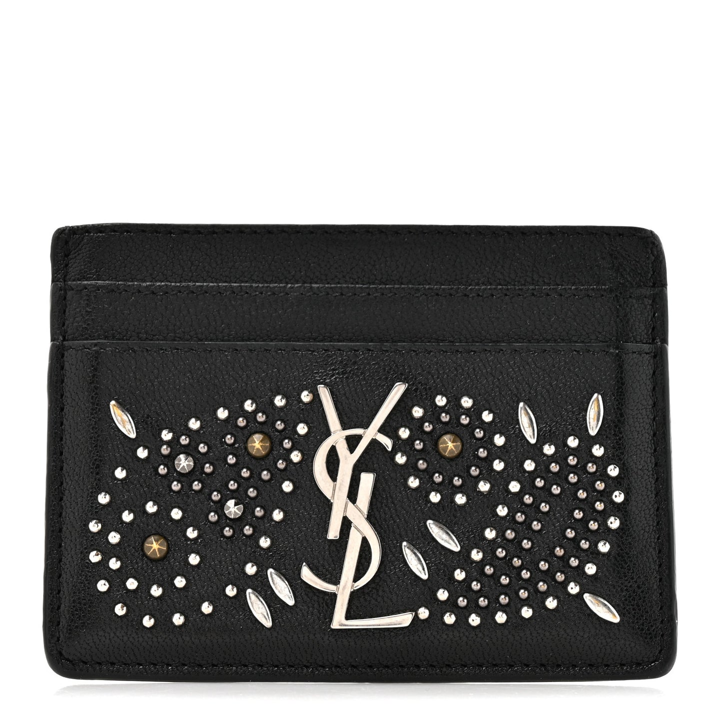 Calfskin Paisley Studded Monogram Credit Card Case Black