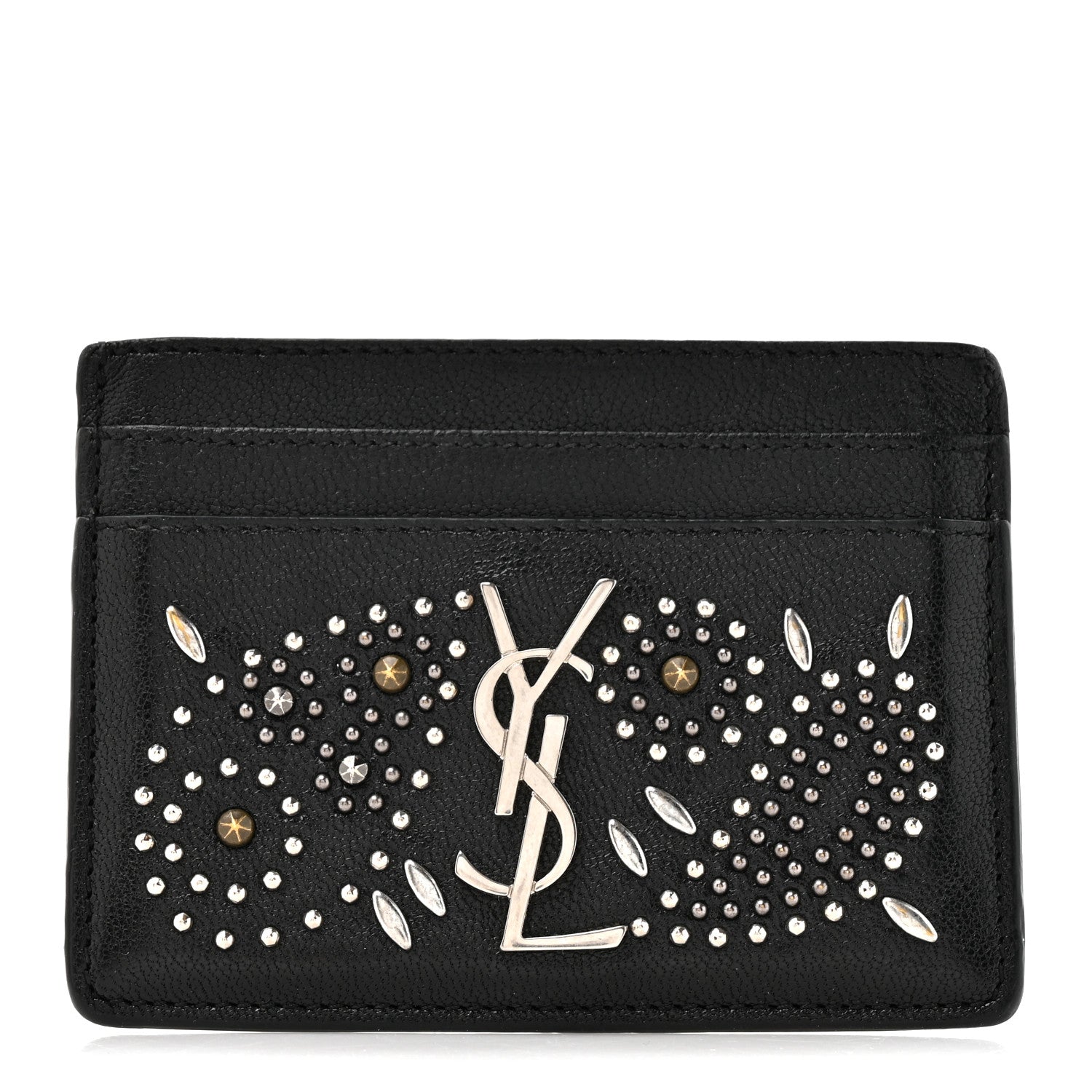 Saint Laurent Calfskin Paisley Studded Monogram Credit Card Case Black 1 of 7