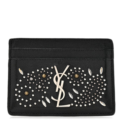 Saint Laurent Calfskin Paisley Studded Monogram Credit Card Case Black 1 of 7