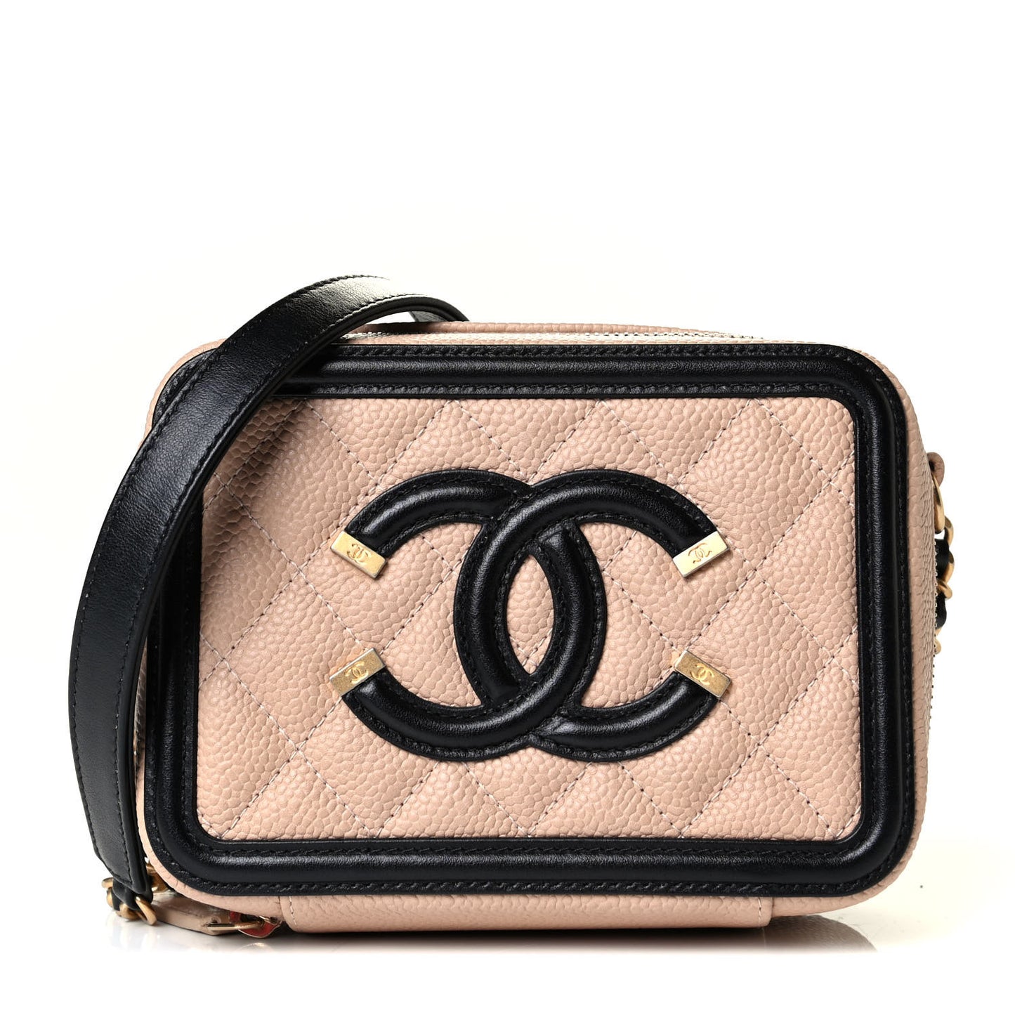 Caviar Quilted CC Filigree Vanity Clutch With Chain Beige Black