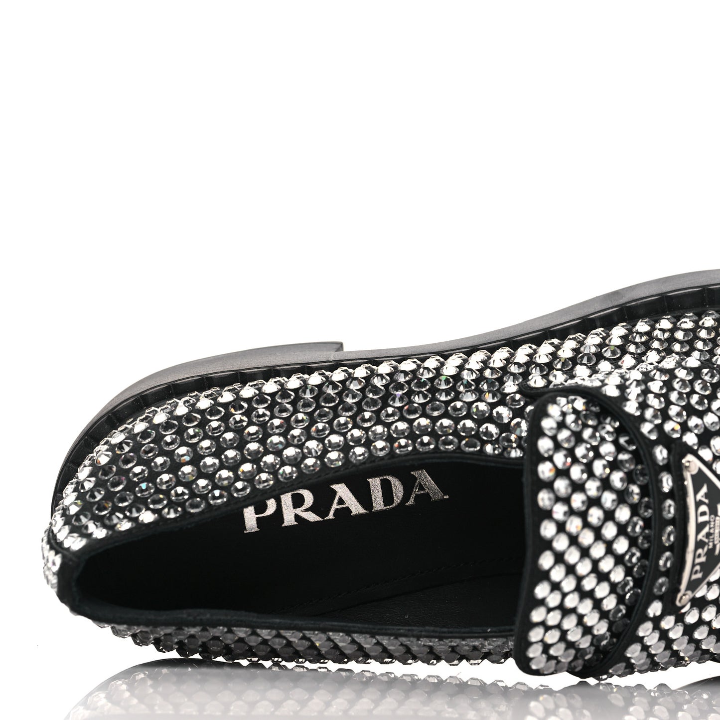 Satin Crystal Metal Triangle Logo 50mm Loafers 39.5 Cristal