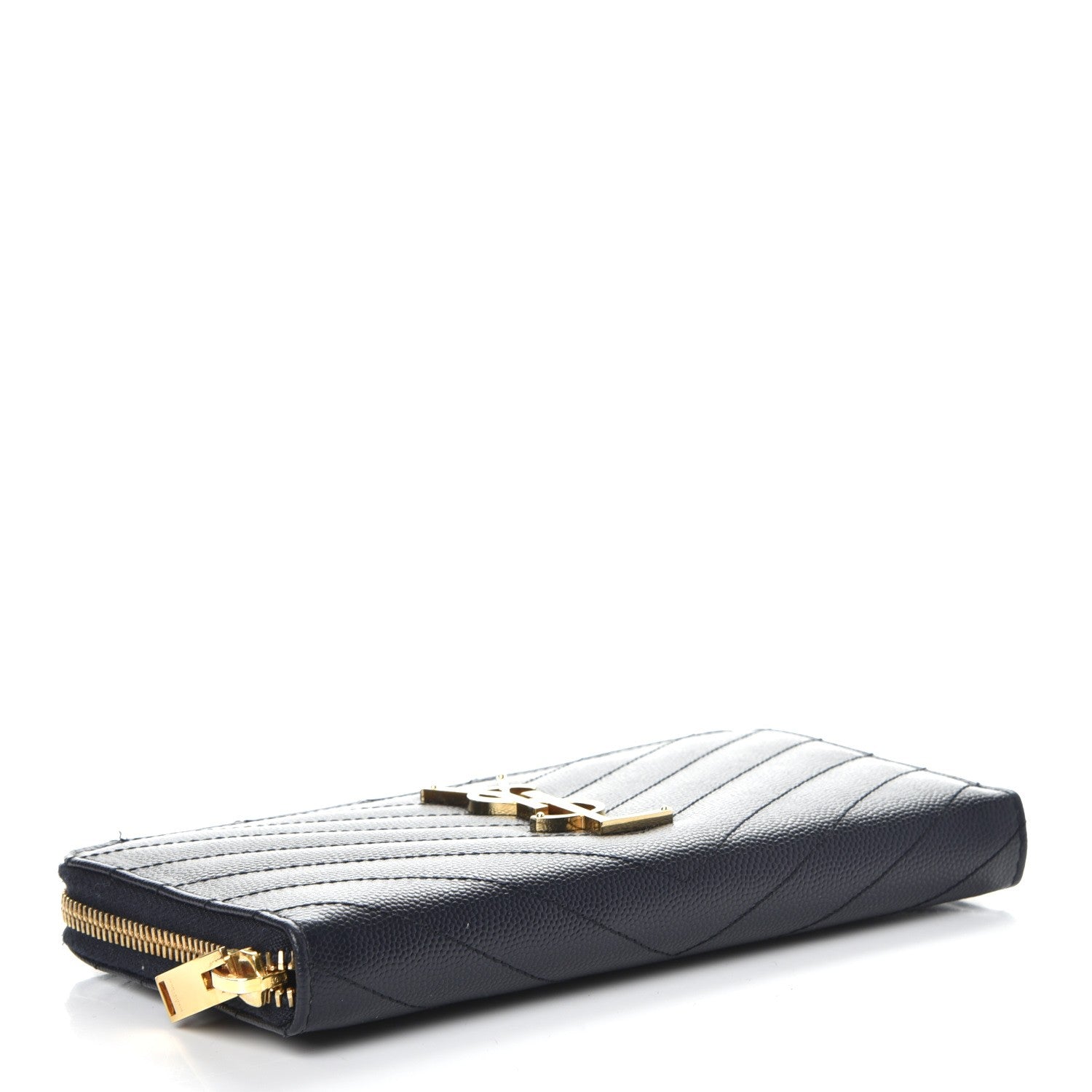 Saint Laurent Grain De Poudre Matelasse Chevron Monogram Zip Around Wallet Deep Marine 4 of 9