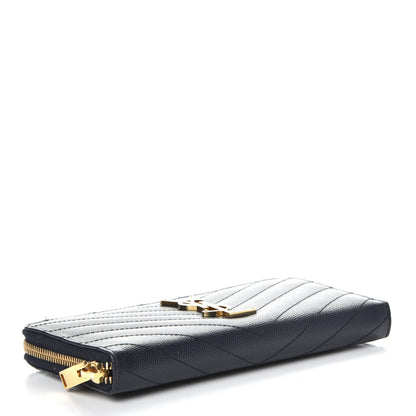 Saint Laurent Grain De Poudre Matelasse Chevron Monogram Zip Around Wallet Deep Marine 4 of 9