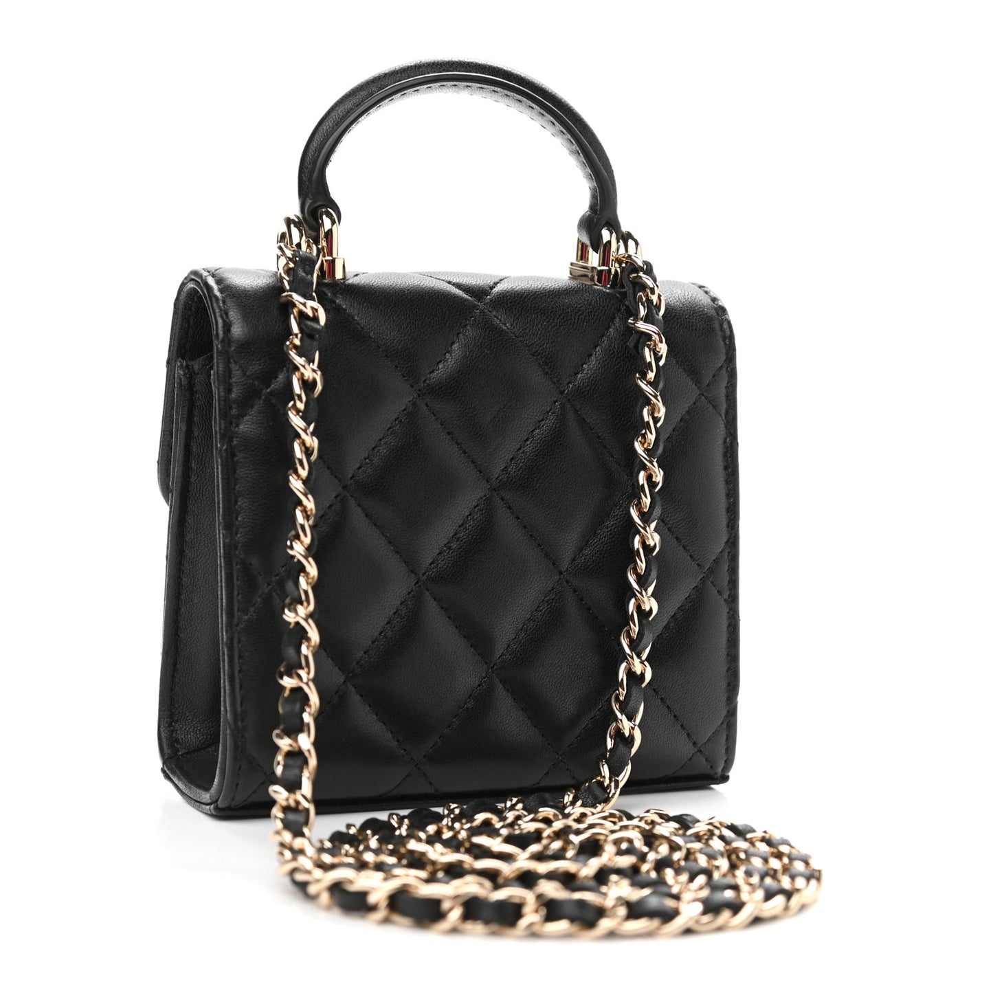 Lambskin Quilted Top Handle Flap Clutch With Chain Black