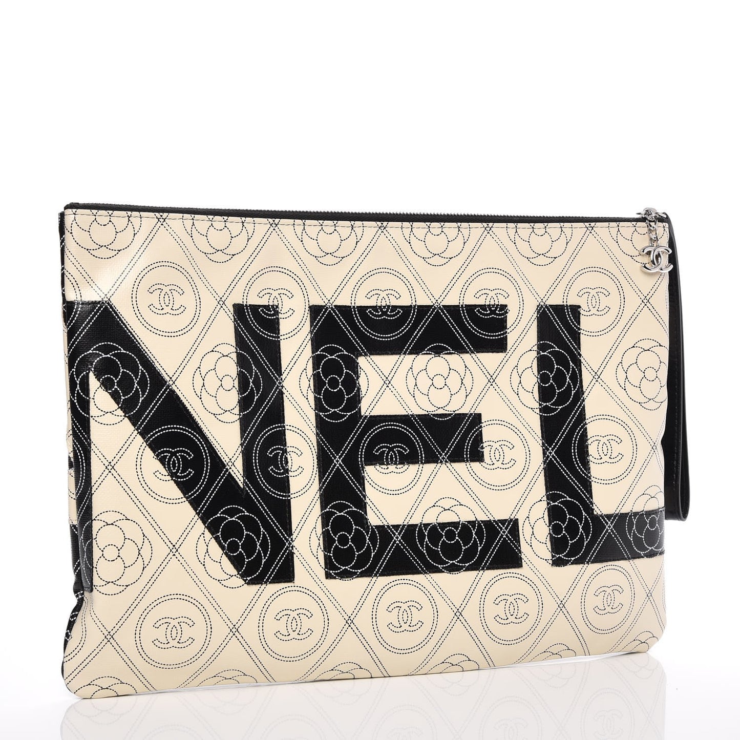 Coated Canvas Camellia Printed Pouch Black Beige