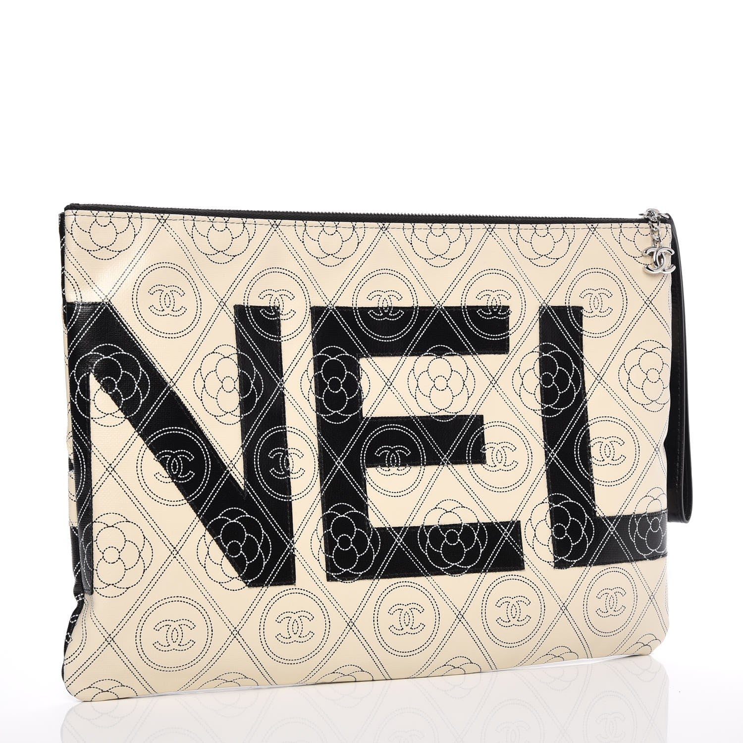 Chanel Coated Canvas Camellia Printed Pouch Black Beige 3 of 8