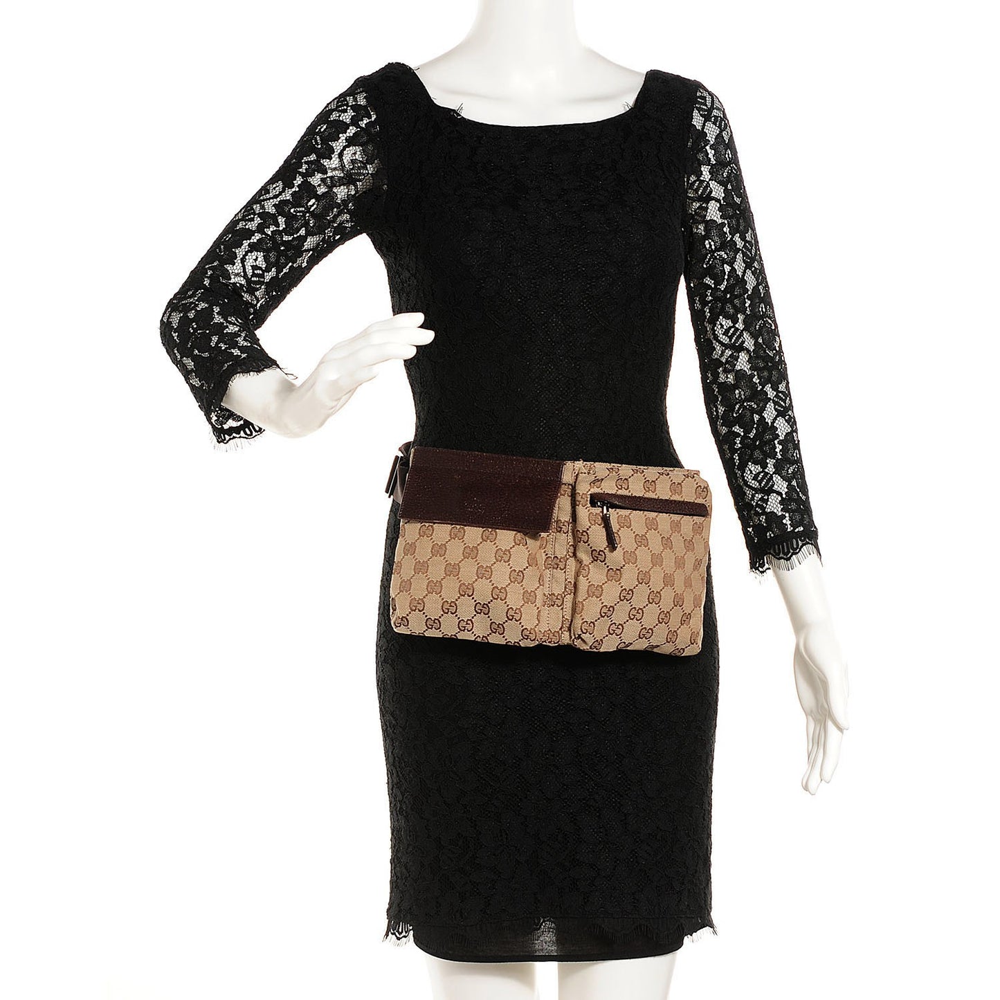 GG Monogram Web Double Pocket Belt Bag Dark Brown