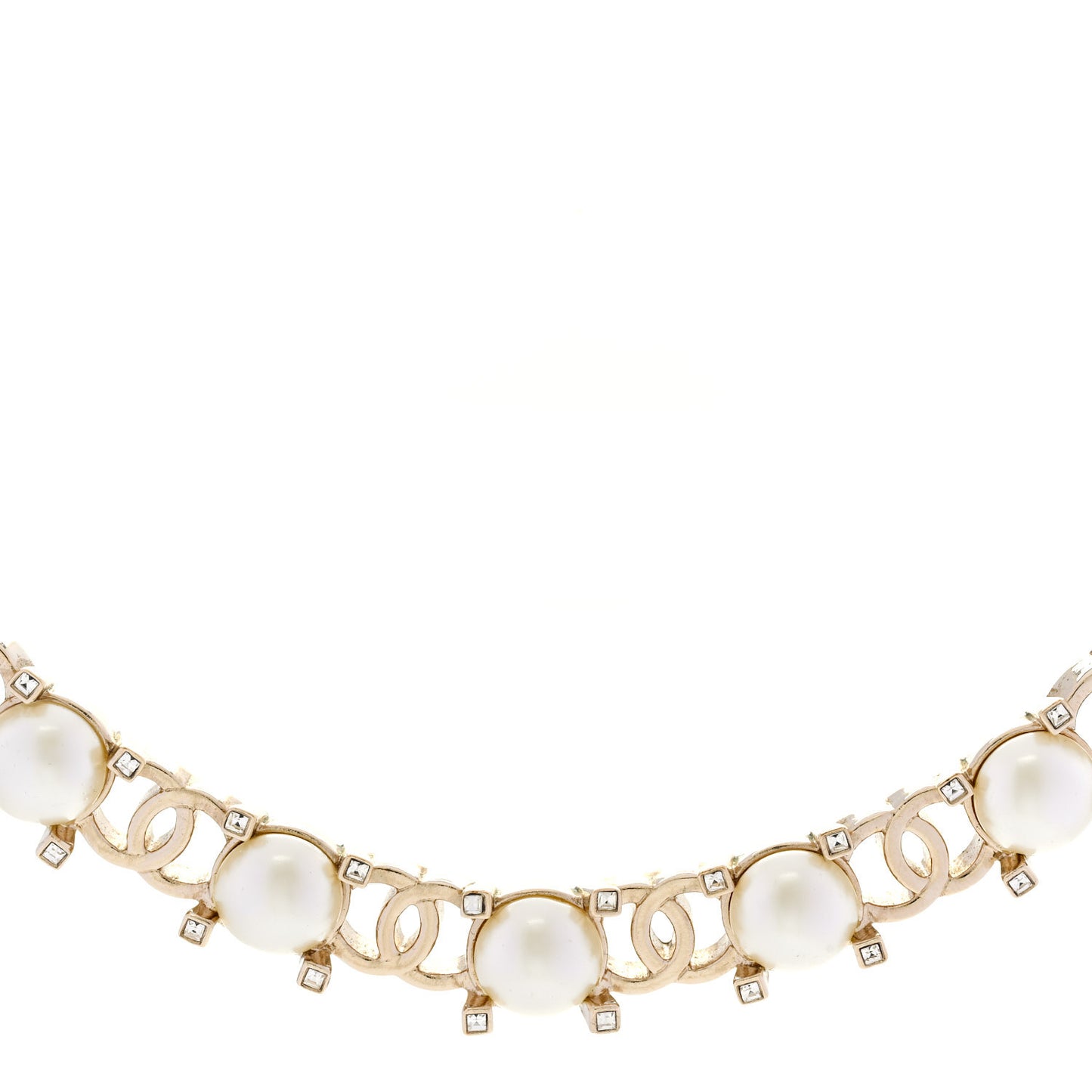 Strass Crystal Studded Pearl CC Choker Necklace Gold Pearly White