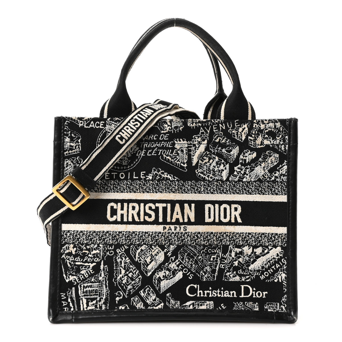 Christian Dior Canvas Calfskin Embroidered Small Plan De Paris Book Tote With Strap Black White 1 of 11