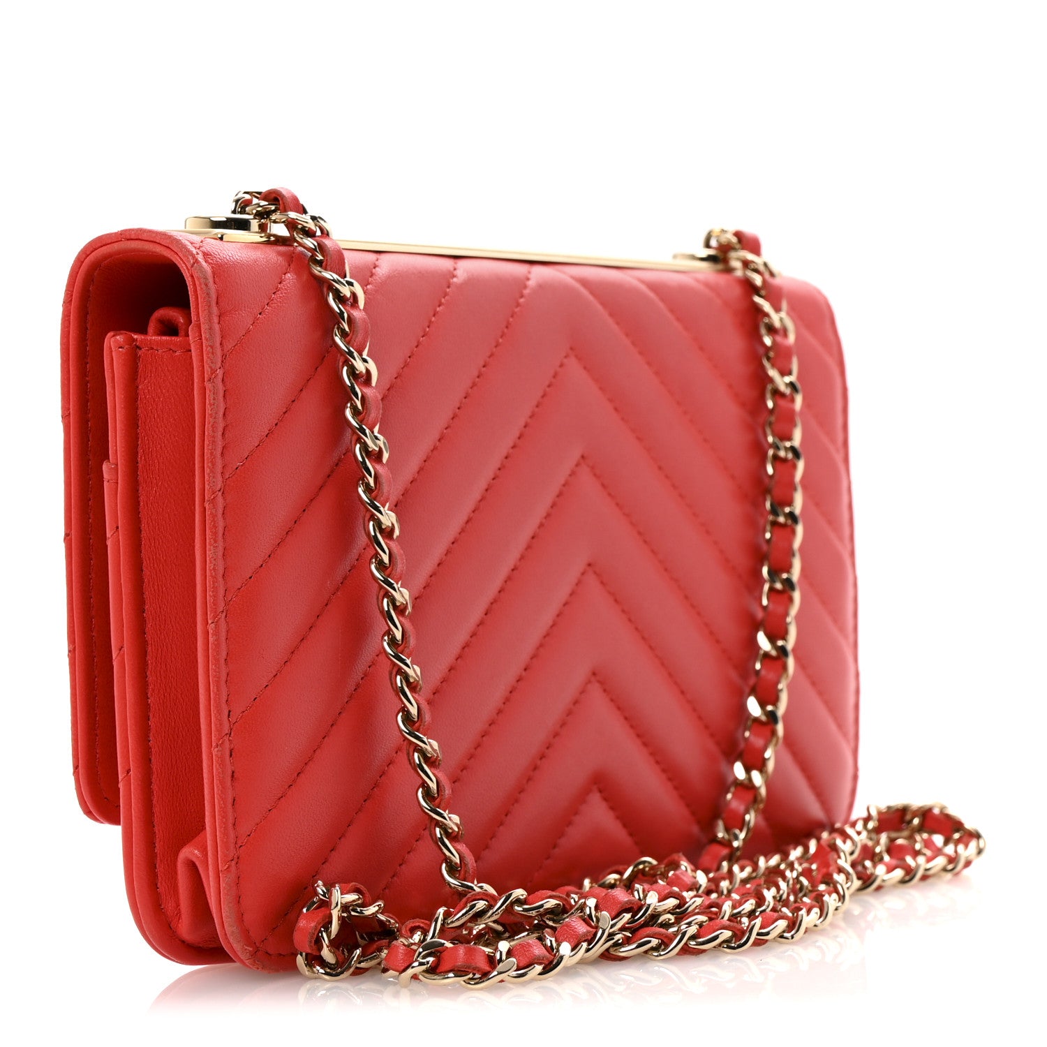 Chanel Lambskin Chevron Quilted Trendy CC Wallet On Chain WOC Red 3 of 14