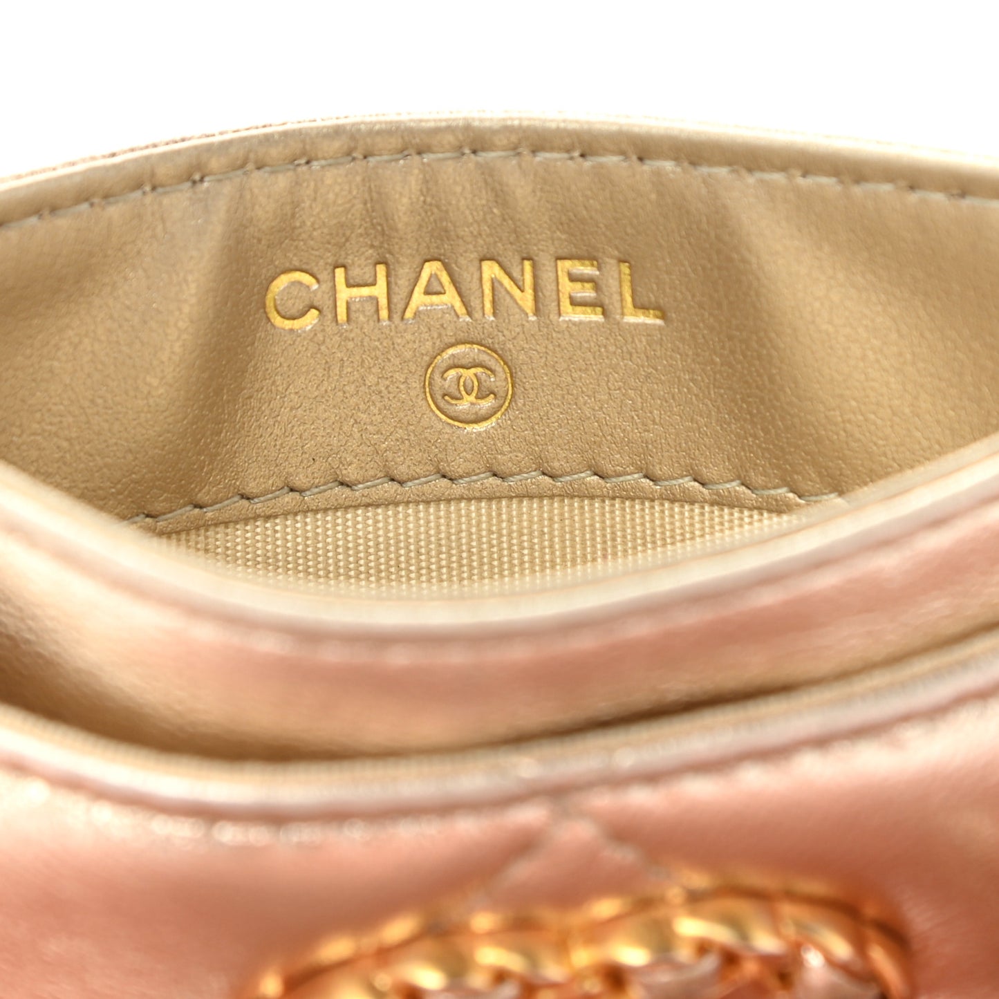 Metallic Lambskin Quilted Chanel 19 Card Holder Gold