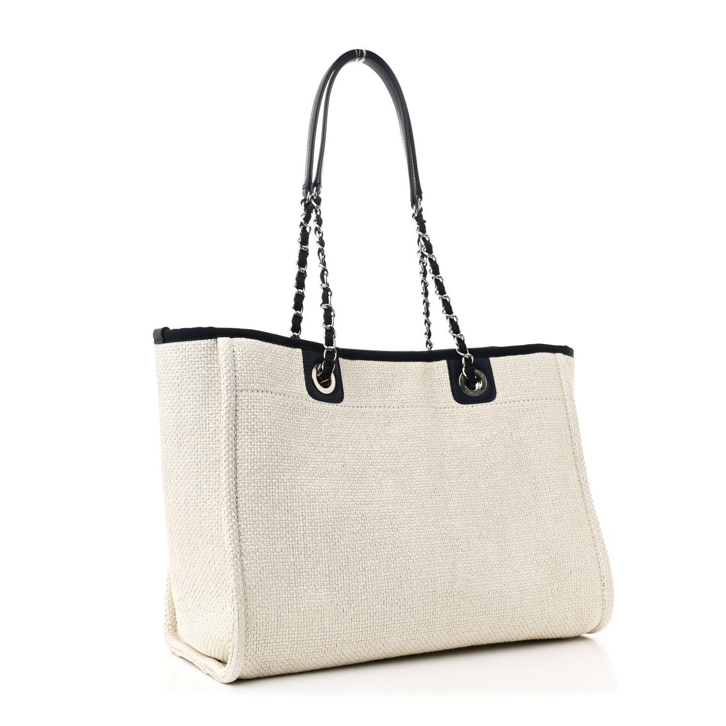 Woven Straw Raffia Small Deauville Tote White Navy