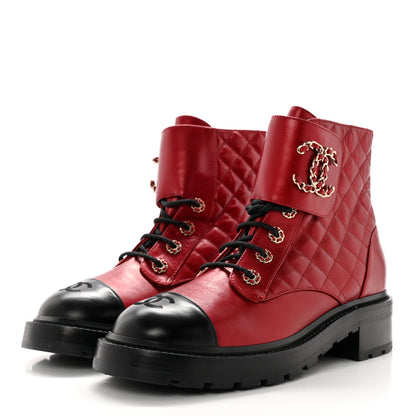 Chanel Shiny Lambskin Quilted Lace Up Combat Boots 40.5 Red 3 of 12