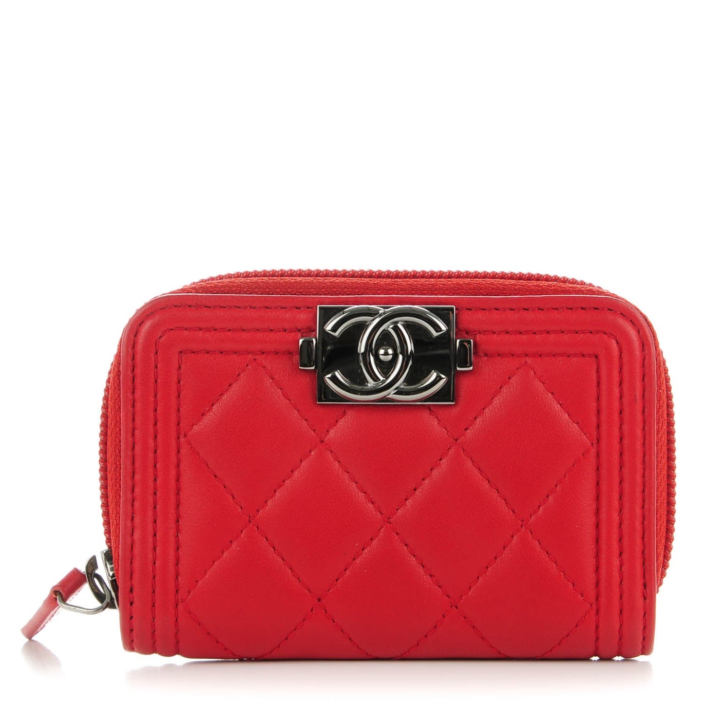 Lambskin Quilted Boy Zip Around Coin Purse Wallet Red