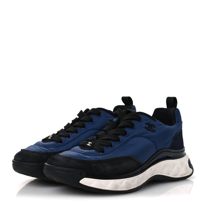 Chanel Nylon Suede Calfskin Womens Logo Sneakers 36 Dark Navy Blue 39 Dark Navy Blue 4 of 12